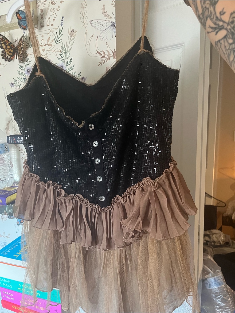 Medium gimmicks BKE Black Sequin & Taupe Ruffle Tulle top with sparkle buttons